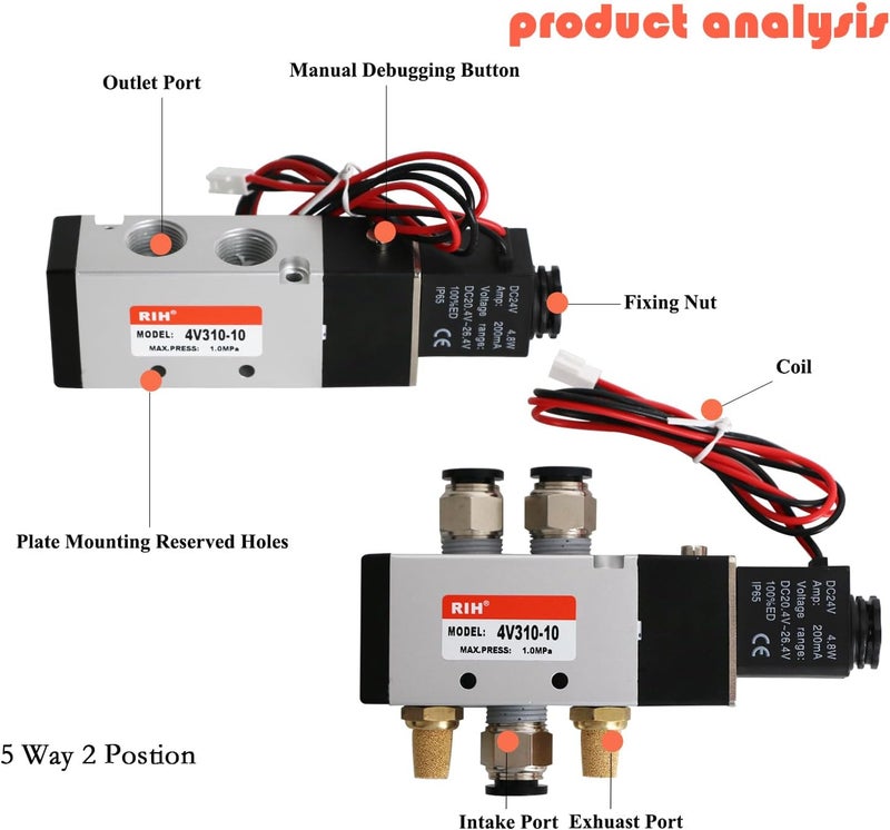 RH Pneumatics Solenoid Valve 4V310-10 12V/24V/110V Series Single Coil Pilot-Operated Electric 2 Position 5 Way Connection Type (DC24V/Out of line, 3/8"NPT) - Image 3